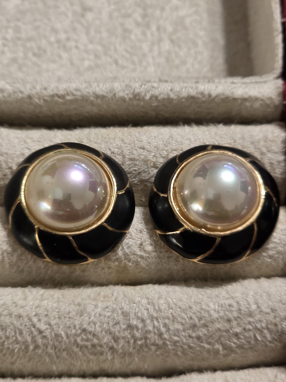 Signed Roman - Black Enamel and Pearl Stud Earrings